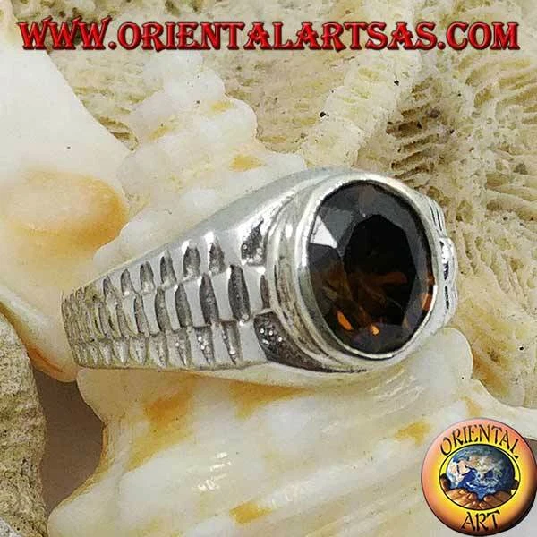 Anello in argento 925 ‰ con topazio fumé ovale e decorazione a maglie d'orologio - Immagine 1 di 1
