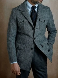 Traje Para Hombre Lana Espiga Tweed Vintage Retro Chaqueta Novio Esmoquin Baile de graduación Blazer - Imagen 1 de 8