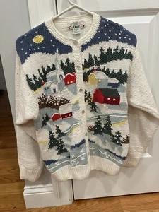 Winter Christmas Town Vintage 80-90’s Orvis 3D Cardigan Embroidered Sweater Med - Picture 1 of 11