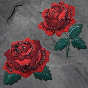 Red Rose Patch Set - Flower, Stem, Bloom, Love Badge (Iron On) - Picture 1 of 1