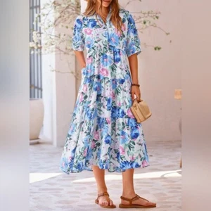 PRETTYGARDEN Verano Playa Maxi Vestido Manga Corta Botones Volantes en Niveles Vestido L - Imagen 1 de 6