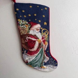 Calza vintage Needlepoint PAPÀ NATALE piedi nudi blu cielo stellato lana velluto - Foto 1 di 10