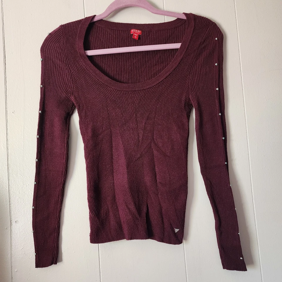 Vintage Guess Y2K Ribbed Maroon Top Small Scoop Neck Studded Long Sleeve - Image 1 of 4