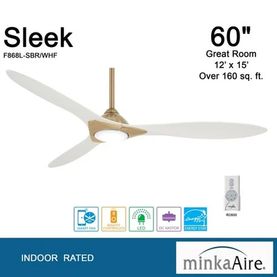 Minka-Aire F868L-SBR/WHF SLEEK 60" Soft Brass LED Ceiling Fan + Remote Control - Image 1 of 4