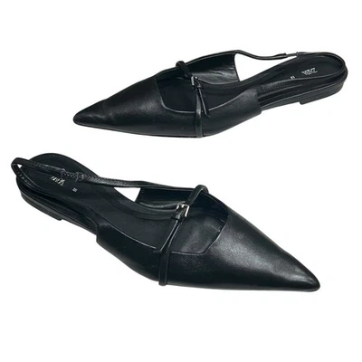 Sandalia plana Zara para mujer 7,5 de cuero negro con correa hebilla en punta Foto 1 de 4