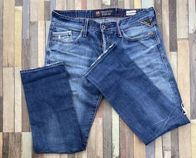 Replay Waitom Barcelona FC Hombre W34 L32 Pierna Recta Azul Denim Rodillas Desgastadas Foto 1 de 4