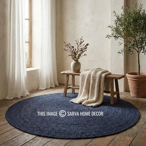 Hand Braided Round Blue Jute Rug: Rustic Farmhouse Decor Natural Blue Jute Rug - Picture 1 of 6