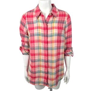 Soft Surroundings Linen Button Down Shirt Tunic Womens Small Pink Plaid Preppy - Picture 1 of 12
