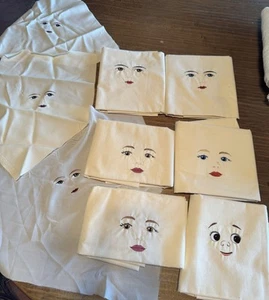 Fabric With Embroidered Faces All Different To Make Dolls 3 Small 6 Large Googly - Picture 1 of 8