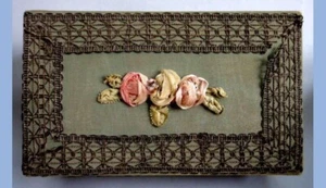 antique victorian MOIRE SILK FLOWERS lace ladies JEWELRY TRINKET BOX pink green - Picture 1 of 6