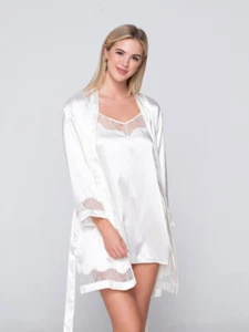 Luna Vestaglia sposa kimono donna giacca corta manica cinturino raso pizzo - Picture 1 of 3