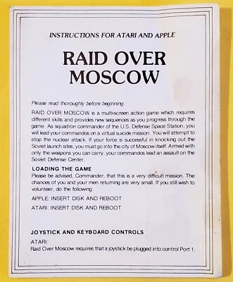 Instrucciones de videojuego Raid Over Moscow solo Atari Apple Access Software 1984 - Imagen 1 de 4