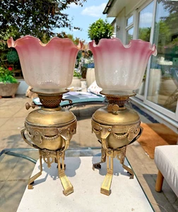 antique pair of arts & crafts brass oil lamp cranberry etched ruffle shade - Picture 1 of 17