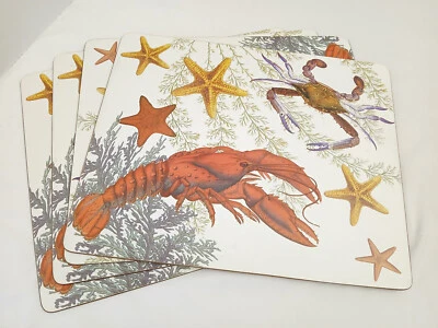 Ocean Scene Placemats Cork Backed Set of 4 Tray Lobster Crab Starfish Design - Image 1 of 4