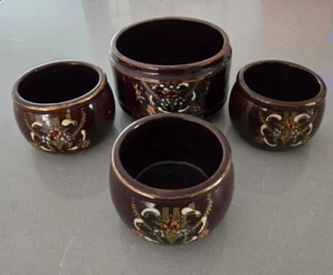 Vintage Japanese Hand Painted Moriage Redware Brown 3 Small Bowls 1 Large Bowl - Picture 1 of 4