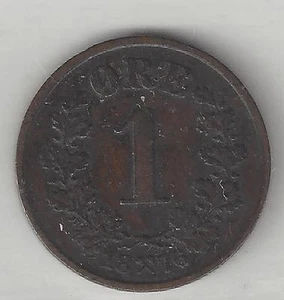 NORWAY,  1876,  1 ORE,  BRONZE,  VERY FINE,  KM#352 - Picture 1 of 1