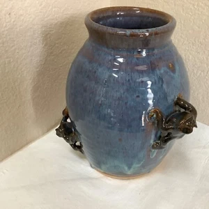 Rare Peppertown Blue Drip Pottery Art w/Frogs Signed Riley Vintage Mississippi - Picture 1 of 11