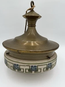 Vintage Art Deco Brass Ceiling Light Fixture w/ Greek Key Glass Shade 1930s - Picture 1 of 24