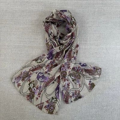 Vintage Silk Crepe Chic Neck Scarf Mauve Ivory Lilac Brown Japanese Fans Flowers - Image 1 of 4