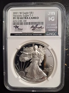 2021 W PROOF SILVER EAGLE T-1 NGC PF70 MERCANTI GAUDIOSO LIMITED DUAL SIGNATURE - Picture 1 of 4
