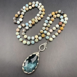 Long Gemstone Pendant Necklace Knotted Beaded Blue Teardrop Boho 36 Inch - Picture 1 of 8