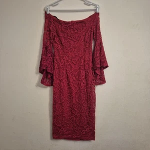 Premier Amour Red Floral Lace Bell Sleeve Off-The-Shoulder Dress Stretch Size 4 - Picture 1 of 8