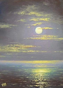 253 - 5"x 7" ORIGINAL CANVAS FINE ART PRINT SEASCAPE Night Black Sea Moon Marine - Picture 1 of 1