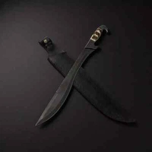 23" Custom Handmade Damascus Steel Falcata Sword With Stag Horn Handle W|Leather - Picture 1 of 9