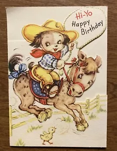 Tarjeta de feliz cumpleaños vintage de los años 40 perro vaquero montar a caballo con lazo Gibson P1G - Imagen 1 de 12