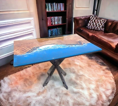 Epoxy Resin Blue River Table Top, Natural Wood Table Top Handmade Dining Table. - Image 1 of 4
