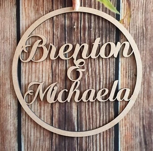 Personalised Wedding Wooden Script Name Hoop Circle Sign Wall Plaque Decor - Picture 1 of 5