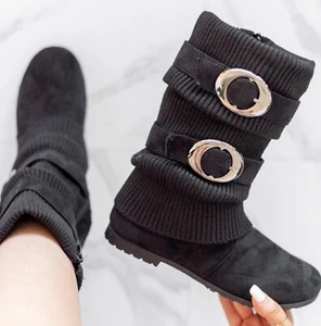 NEU DAMEN FLACHE ARBEIT MITTELWADE WINTER PIXIE REITSTIEFEL GRÖSSE 3-7 VERKAUF - Bild 1 von 3