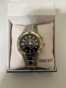 SEIKO KINETIC BLUE DIAL DATE STAINLESS STEEL MEN'S WATCH SKA442 BRAND NEW 2TONE - Picture 1 of 4