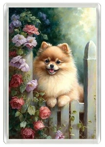 POMERANIAN CUTE PUPPY DOG & FLOWERS ART PRINT NOVELTY FRIDGE MAGNET   GREAT GIFT - Picture 1 of 1