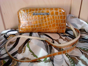 BRIGHTON Gold Patent Leather Croc Wallet Crossbody Bag Travel Organizer Purse