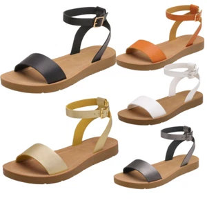 Women Cute Open Toes One Band Ankle Strap Summer Flat Sandals Flexible Buckle - Picture 1 of 17