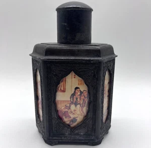 Antique Shantao Chinese Pewter 7" Octagonal Footed Tea Caddy Painted Glass Panel - Picture 1 of 12