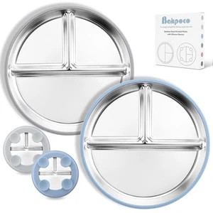 Stainless Steel Toddler Plate with Suction, 9” Divided Plates with Removable ... - Picture 1 of 7