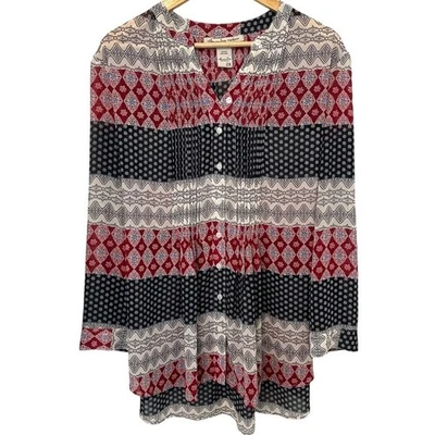 Women's 2X Pleated Tie Back Plus Soft Red Navy White Work Casual Relaxed Blouse - Image 1 of 4