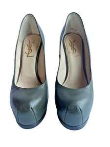 YVES SAINT LAURENT YSL OLIVE GREEN LEATHER TRIBTOO PLATFORM PUMPS SZ 35 - Picture 1 of 11