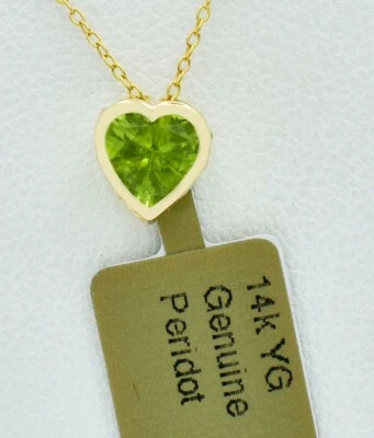 GENUINE 0.78 Cts PERIDOT HEART PENDANT 14K YELLOW GOLD -6mm  Free CHAIN - NWT - Image 1 of 3