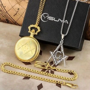 Reloj Bolsillo Oro/Plata Francmasones Hombres Mujeres Cuarzo Número Árabe Set de Regalo - Imagen 1 de 16