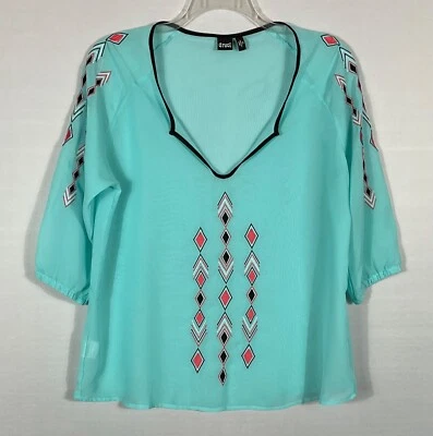 Pullover Cruel Top Mujer Talla XL Aqua Transparente Geométrico Bordado Azteca Manga 3/4 Foto 1 de 4