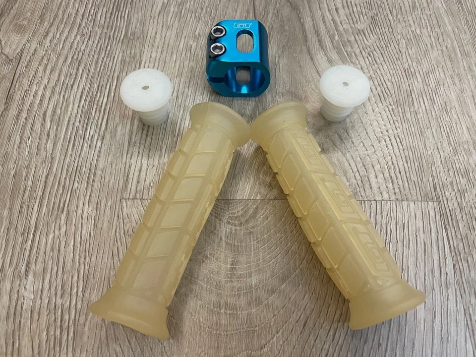 NOS GT BMX Alloy Seat Clamp 2-bolt Blue color & transparent GT grips w/cap Combo - Image 1 of 4