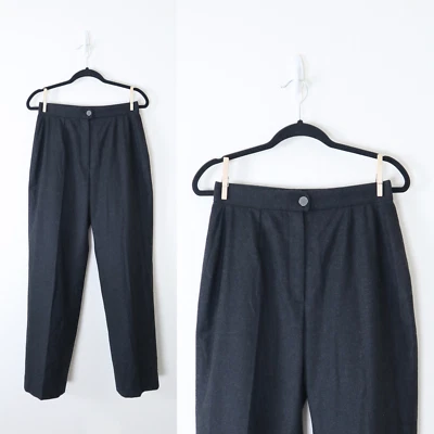 Vintage 1990s Chanel High Waisted Flat Front Wool Trousers Charcoal Gray - Image 1 of 4
