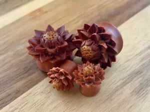 PAIR Lotus Flower Sawo Wood Plugs Organic Carved Gauges 0g thru 1" available - Picture 1 of 5