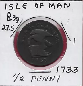 ISLE OF MAN 1/2 PENNY 1733 EAGLE AND CHILD ON CAP OF MAINTENANCE (STANLEY CREST) - Picture 1 of 2