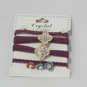 Hair Ties Pearl Rhinestone Flower Elastic Ponytail Holder Mauve Cute 4Pcs Set #2 - Picture 1 of 3