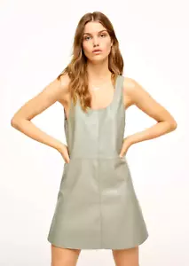 MNG Mango Faux Leather Dress Sage Green Sz 4 Small Skater Fit Flare Sleeveless - Picture 1 of 7