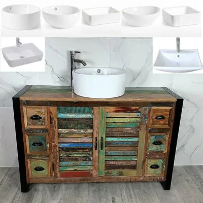 Reclaimed Wood Bathroom Vanity Unit 2 Door 6 Drawer White Ceramic Basin Choice - Image 1 of 4